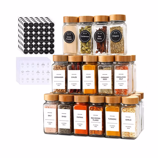 Contenitori per spezie in vetro quadrato con tappo in bambù, per sale e spezie, da 120 ml all'ingrosso