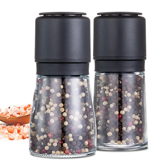 Confezione di spezie all'ingrosso da 160 ml, bottiglia di vetro, macina sale rosa manuale, macina sale e pepe in plastica nera satinata con logo personalizzato