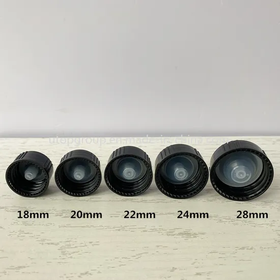 Coperchi in plastica nera economici da 18 mm, 20 mm, 22 mm, 24 mm e 28 mm con tappo interno per bottiglie di vetro Boston