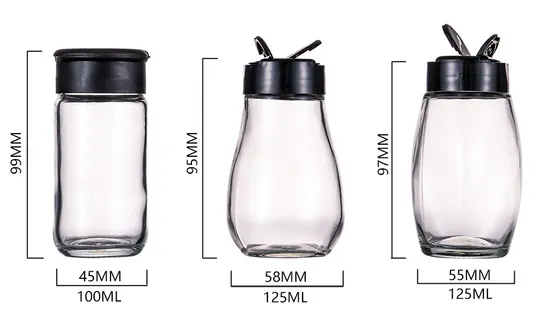 Imballaggio commerciale per spezie, bottiglia di vetro rotonda e quadrata da 3 once con coperchio shaker in plastica