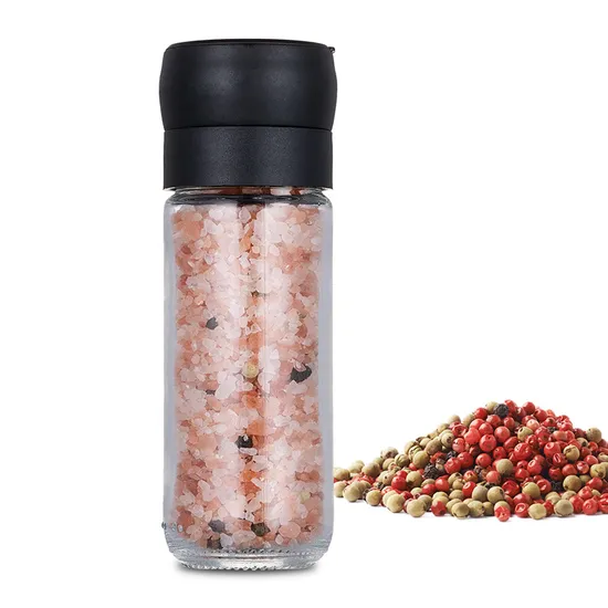 Barattolo per sale e spezie in plastica trasparente da 100 ml e macinapepe manuale con rotore in ceramica e bottiglia in vetro
