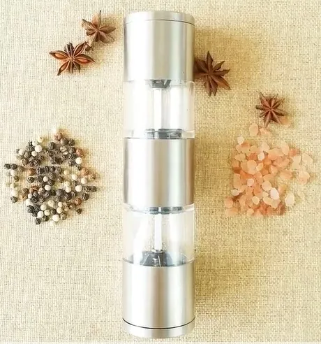 Macina spezie ed erbe aromatiche in plastica nera da cucina, manuale, 2 in 1, doppio