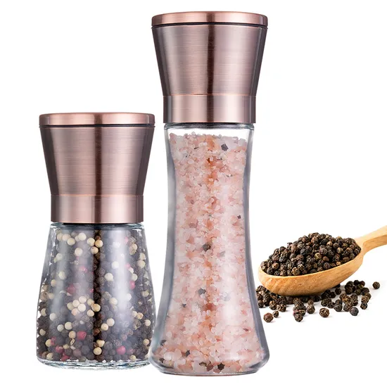 Macinapepe e grani di pepe ricaricabili in grani in oro rosa, macina sale e pepe in ceramica con bottiglia di vetro alta e manuale